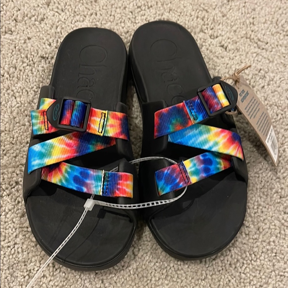 Kids Size 5 Chaco Black Sandals with Rainbow Straps